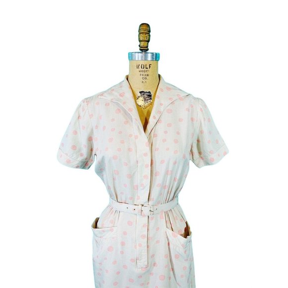 Vintage 1940s Silk Dress Champagne Pink Circle Print Shirtdress | W 25" - Picture 4 of 10